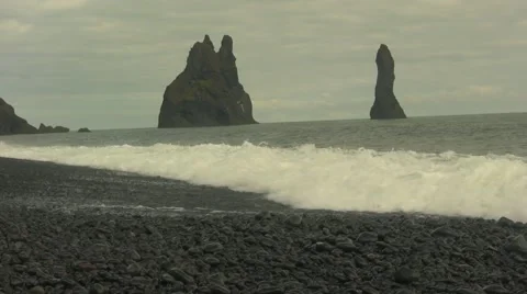Waves on black beach near Troll Rocks in Vik Iceland-4 Video stock 47765286