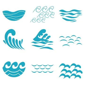 Waves, blue waves schematic set. Vector illustration. Stock Illustration
