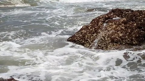 Waves break against big rock on the shore. Water splashes. Close up. India, GOA. Stock Footage 117974545