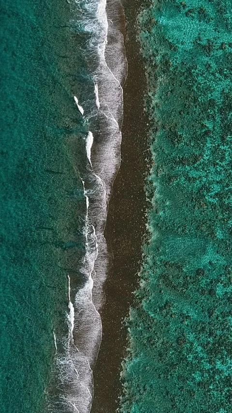 Waves break on black volcanic sand beach on tropical island 4K vertical video. Stock Footage 277932559