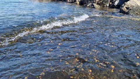 Waves break on the rocks on the beach, sea spray, sunlight is reflected in the Stock Footage 296480934