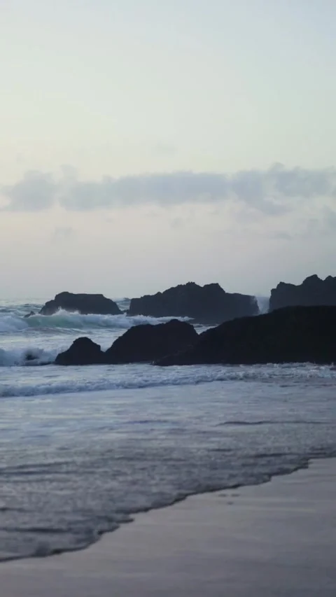 Waves break on the rocks on the shore of the ocean beach at sunset Stock Footage 244341349