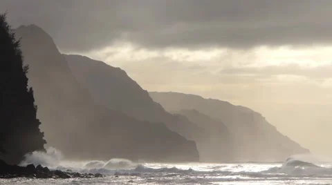 Waves Breaking on a Beach at Sunset Silver Light Stock Footage 1046216