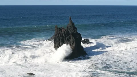 Waves breaking on the coast on a sunny day. Benijo beach in Tenerife Video stock 173261045