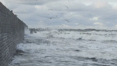 Waves breaking on concrete breakwaters. Sea storm. 스톡 동영상 101352494