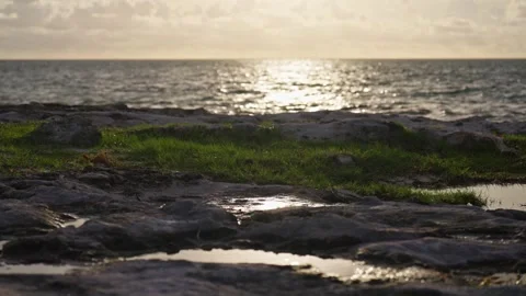 Waves Breaking onto Jagged Rocks Tropical Island Tide Pools Drone Sunrise Stock Footage 288038571