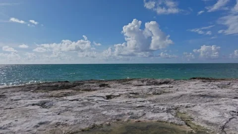 Waves Breaking onto Jagged Rocks Tropical Island Tide Pools Drone Stock Footage 288038602