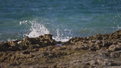 Waves Breaking onto Jagged Rocks Tropical Island Tide Pools Drone Stock Footage 288038609