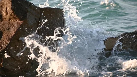 Waves breaking on the rock of the coastline Stock Footage 139220766