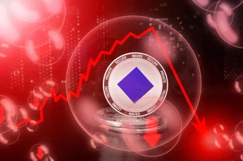 Waves coin in a soap bubble. Risks and dangers of investing to Waves cryptocu Stock Illustration