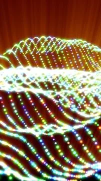 Waves of colorful glowing particles on a bright orange background, creating a Stockillustratie