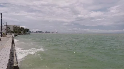Waves Crash Against Esplanade Waterfront Wall, George Town, Penang, Malaysia Stock-Footage 301426424