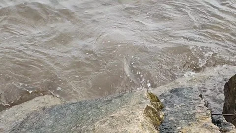 Waves crash against rocks on the river bank Stock Footage 282149739
