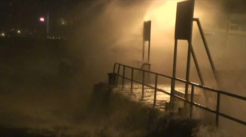 Waves Crash Into City Seawall As Hurricane Hits Stock Footage