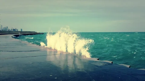 Waves Crash into Lakeshore, Slow Motion Footage Stock Footage 38354280