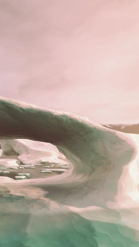 Waves crash over ice formations at sunset along a coastal area Stock Footage 342352625