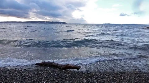 Waves crash on rocks and drift wood Seattle Sound Washington Video stock 58628798
