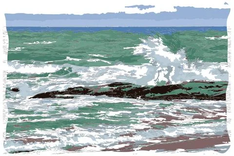 Waves crash the rocks on the shore Stock Illustration