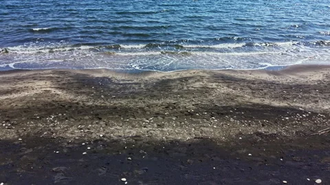 Waves crash on a sandy beach during daylight near the shore, with shells Stock Footage 335396266