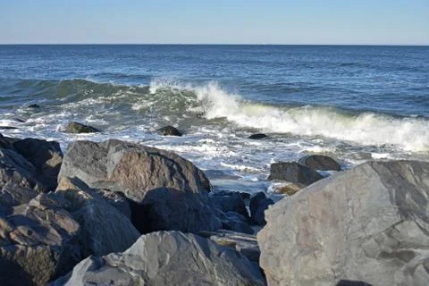 Waves Crash Into Shore at Sandy Hook, NJ, Beach Stock Photos