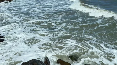 Waves crash on the shore while rocks stand firm along the beach during midday Stock-Footage 344786112