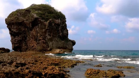 Waves crashing against rock on the reef shore.Fierce, tumbling wave scene. Stock Footage 280143962