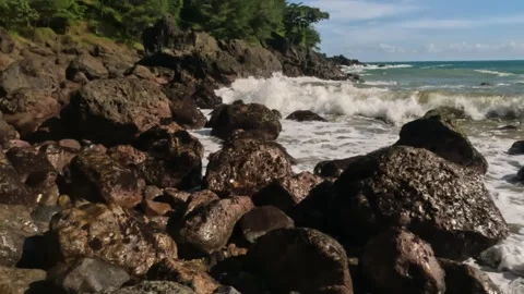 Waves crashing against the rocks on the beach Stock-Footage 319804633