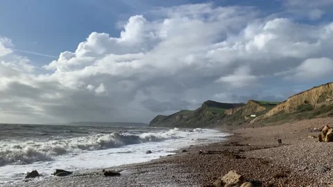 Waves crashing on a beach with cliffs in the background. Stock-Footage 219854578