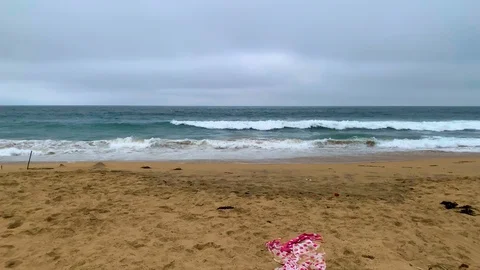 Waves crashing at the beach on a cloudy day Stock Footage 128334310
