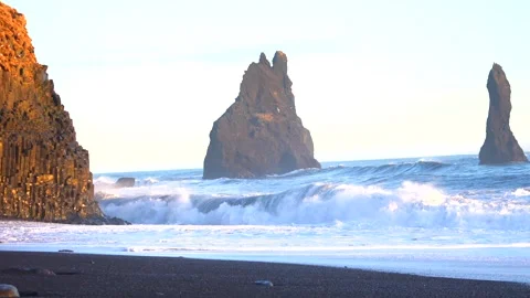 Waves crashing on the beautiful black sand beach of Reynisfjara in Iceland Stock Footage 280894562