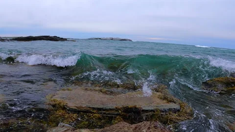 Waves Crashing into Camera on Rocky Cliffs in Newport Rhode Island Stock Footage 154182380