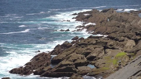 Waves Crashing on Cliffs of Cantabria Coast in Medium Shot on Summer Day - 316 Video stock 310795501