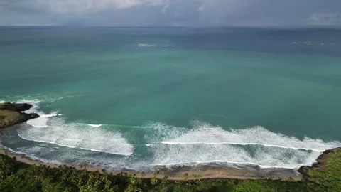 Waves crashing on empty tropical beach with palm tress dense jungle landscape Stock Footage 276851005