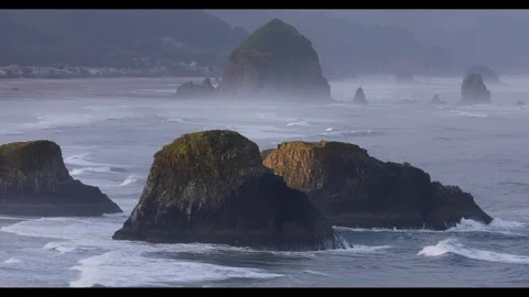 Waves crashing at Haystack Rock, Cannon Beach, Oregon Stock Footage 285630264