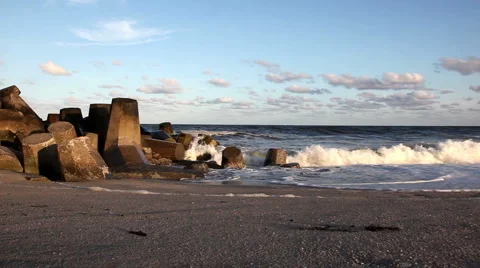 Waves Crashing onto Jetty in Ocean  Stock Footage 920855