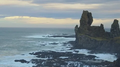 Waves Crashing on Lóndrangar Basalt Cliffs, Snæfellsnes Peninsula, Iceland Stock Footage 320202144