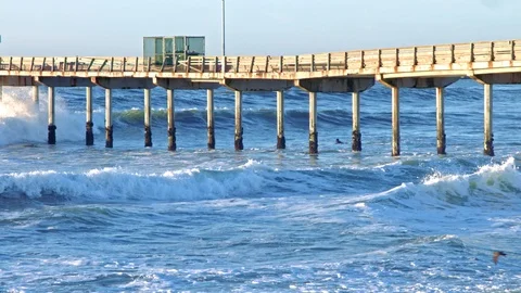 Waves Crashing at Ocean Beach Pier Stock Footage 101492096