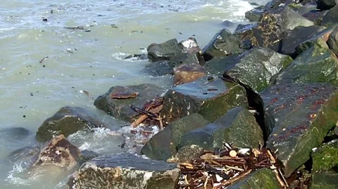 Waves crashing on rocks 1 Lake Erie Cleveland, Ohio Stock Footage