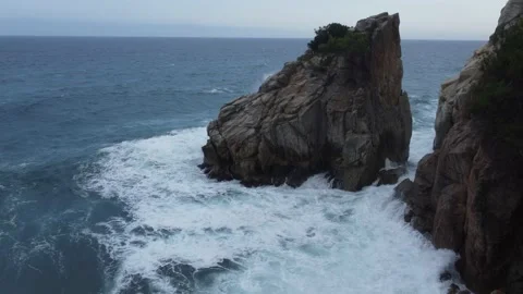 Waves crashing on the rocks, fixed aerial view Stock Footage 160593355