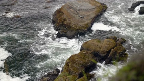 Waves Crashing on the Rocks Formation View From Cliff Side in Cape Flattery Stock Footage 136097343
