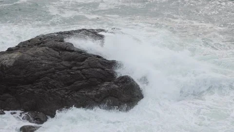 Waves crashing on rocks, rough seas, ocean waves, rugged coastline, Vancouver Stock Footage 238613457