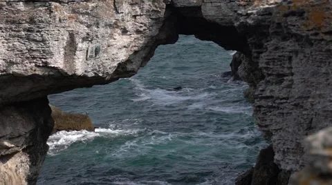 Waves Crashing in Rocks Slow Motion HD Stock Footage 66564264