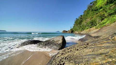 Waves Crashing on Rocks at a Tropical Forest Beach Видео 342841987