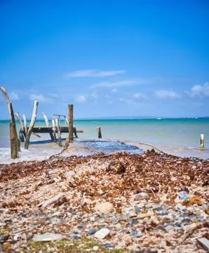 Waves crashing on rustic dock at the beach.  Coche Island, Venezuela Stock Photos