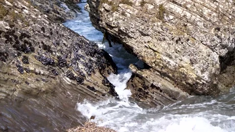 Waves crashing through rocks in a tidal pool Stockbeeldmateriaal 153949973