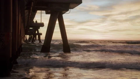 Waves Crashing Under Venice Beach Pier At Sunset 4K 48FPS SLO-MO Stock Footage 223445706