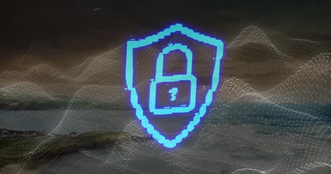Waves drifting causing neon-blue shield fading and symbols morphing into padlock Stock Footage 312915611