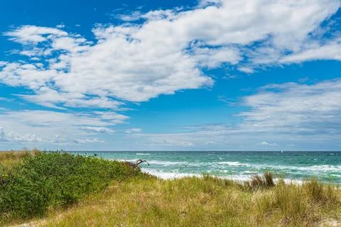 Waves, dunes and clouds on the Baltic Sea coast on the peninsula Fischland-.. Stock Photos