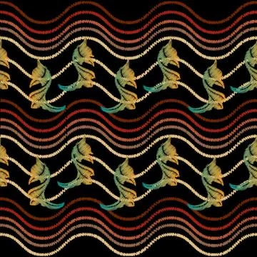 Waves embroidery vector seamless border pattern. Abstract embroidered geometr Illustrazione stock