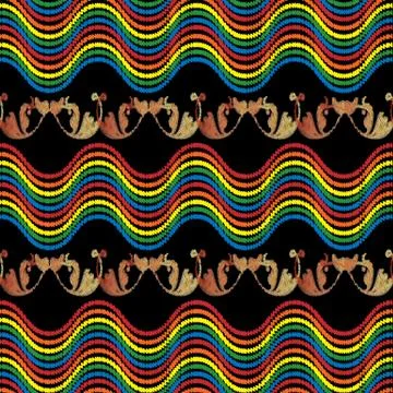 Waves embroidery vector seamless border pattern. Abstract embroi Illustrazione stock